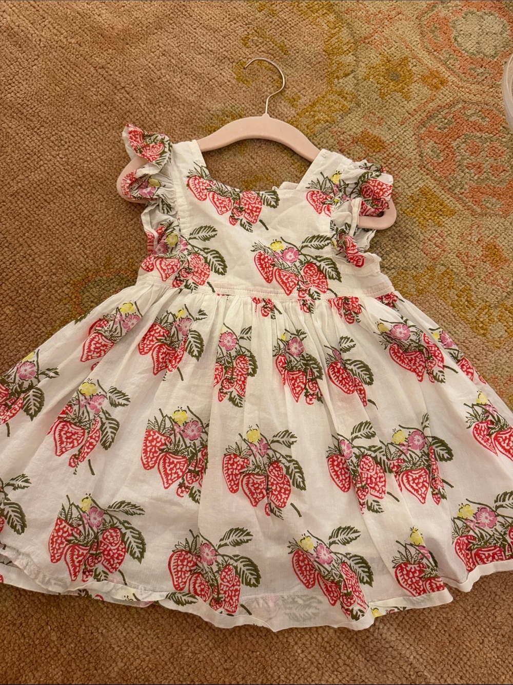 Girls White Strawberry Print Ruffle Sleeve Dress Pink Chicken